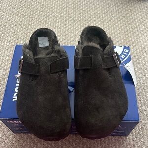 Birkenstock Dark Suede Fur-Lined Clogs